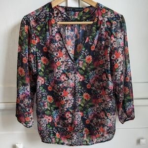 Zara Basic sheer floral v-neck blouse, size S